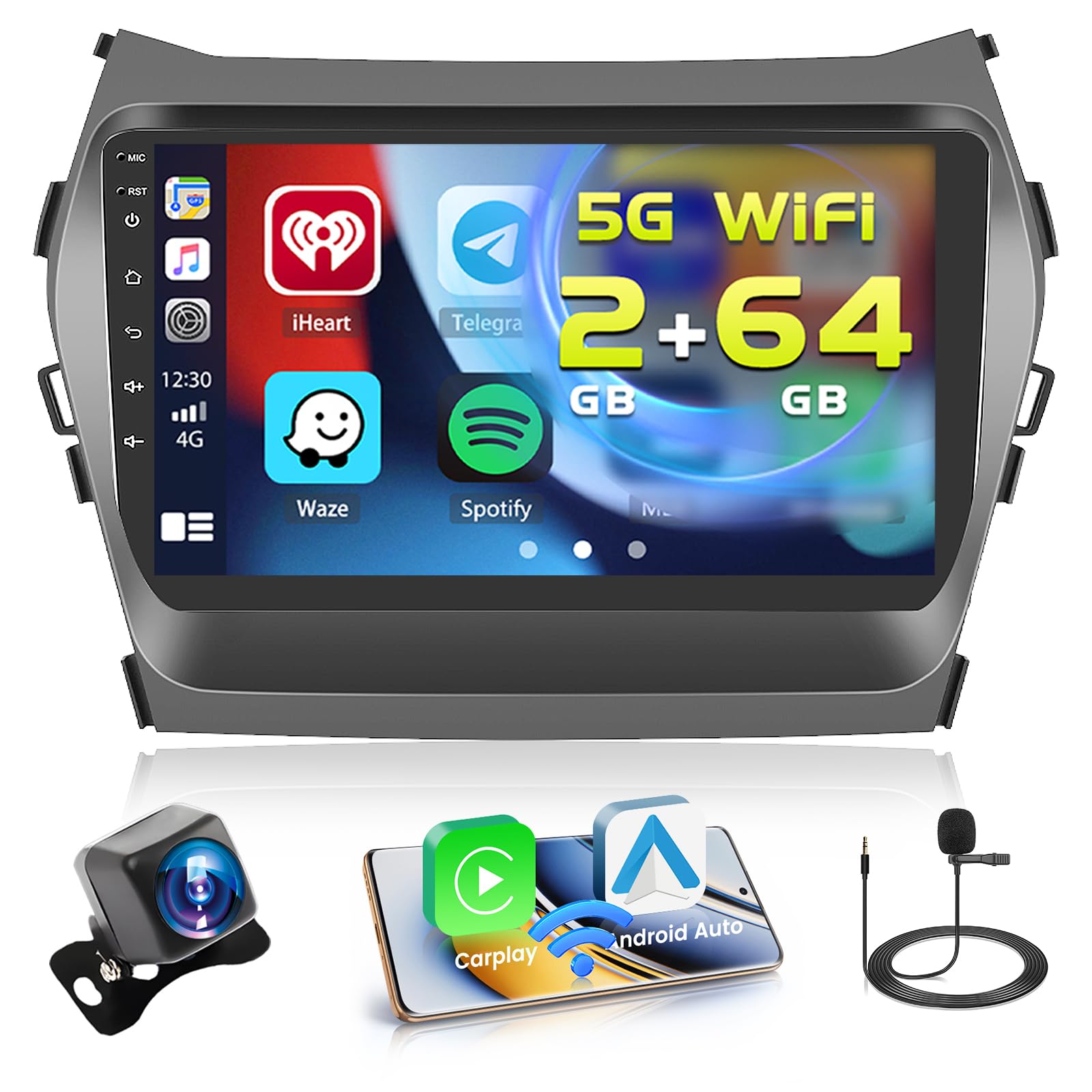 Photo 1 of 2+64GB Android Car Stereo for Hyundai Santa Fe 2013-2017 Wireless Carplay Android Auto, 9 Inch Touchscreen Car Radio GPS Navi WiFi Bluetooth Backup Camera FM RDS Radio EQ SWC