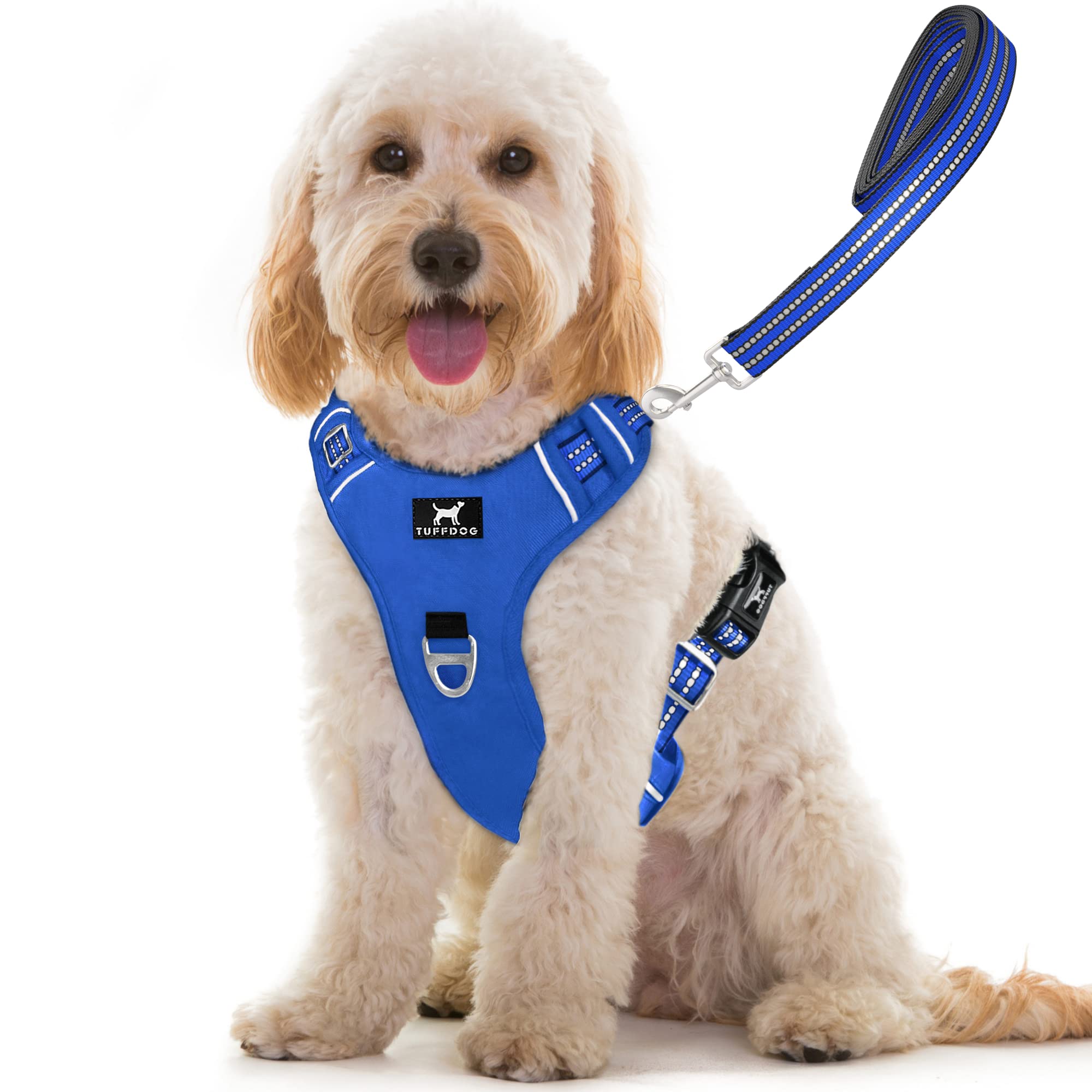 TUFFDOG Easy-Fit Dog Harness Medium - Fast Release Neck Clip, Premium Padded Reflective No Pull Harness with Control Handle, Adjustable Step-in Dog Vest Plus Free Matching Lead (M, Royal Blue)