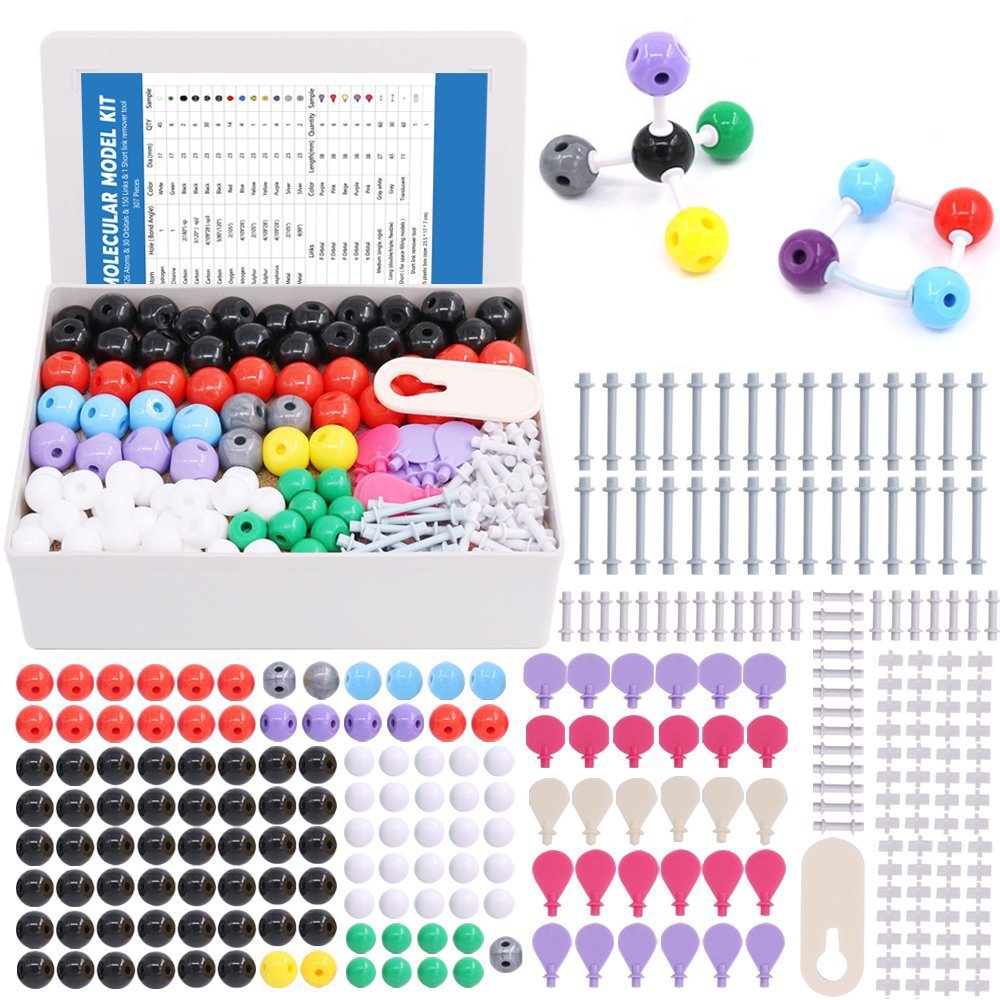Swpeet 307 Pcs Molecular Model Kit for Organic and Inorganic Chemistry - Chemistry Molecular Model - 126 Atoms & 30 Orbitals & 150 Links & 1 Short Link Remover Tool,17 millimeters, 23 millimeters