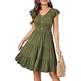 Lamilus Women's Casual Summer Dresses 2025 Ruffle Sleeves V-Neck Button Down Mini Dress Tiered Babydoll Swing Sundresses