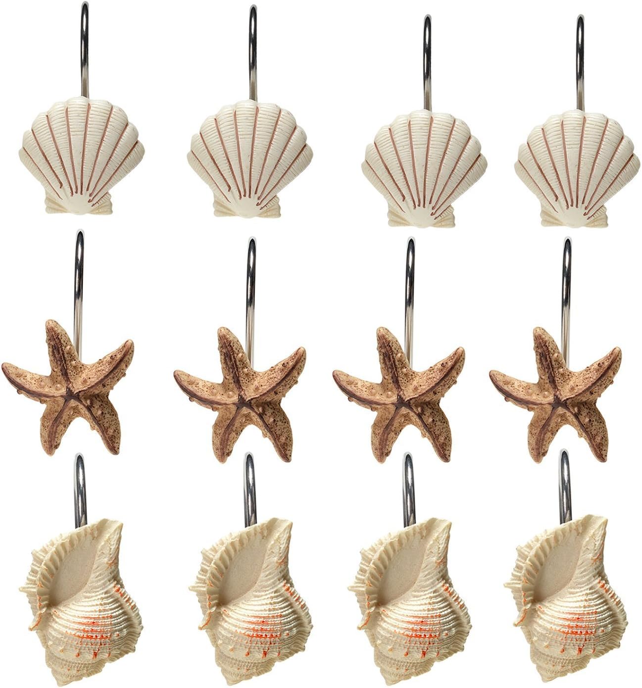 AGPtek 12 PCS Fashion Decorative Home Bathroom Seashell Shower Curtain Hooks (Seashell: Light Brown, Starfish: Tan, Conch: Light Brown): Home & Kitchen