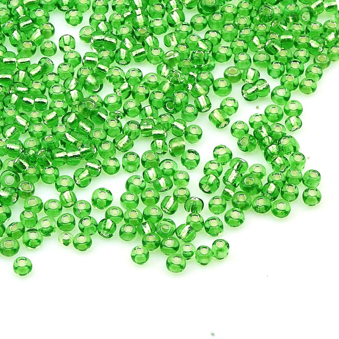 Perlin Glass Seed Beads, Indian Beads, Seed Beads, Pony Beads, 3 mm, Silver Insert, Silver Lined, Lined, 8/0, Peridot Green, Pack of 3300 (Light Green)