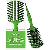 COCCO Aura Vent Boar Brush | Vented Dual-Curved Design for Faster Drying, Effortless Detangling & Shine, Boar + Nylon Bristles, Ergonomic Comfort Handle for Wet & Dry Hair Styling - Green