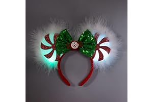 JIAHANG Christmas LED Flash Mouse Ear Headband, Lollipop Light Up Furry Edged Sequin Bow Hairband, Glowing Festival Party Decoration Headwear for Women Girls