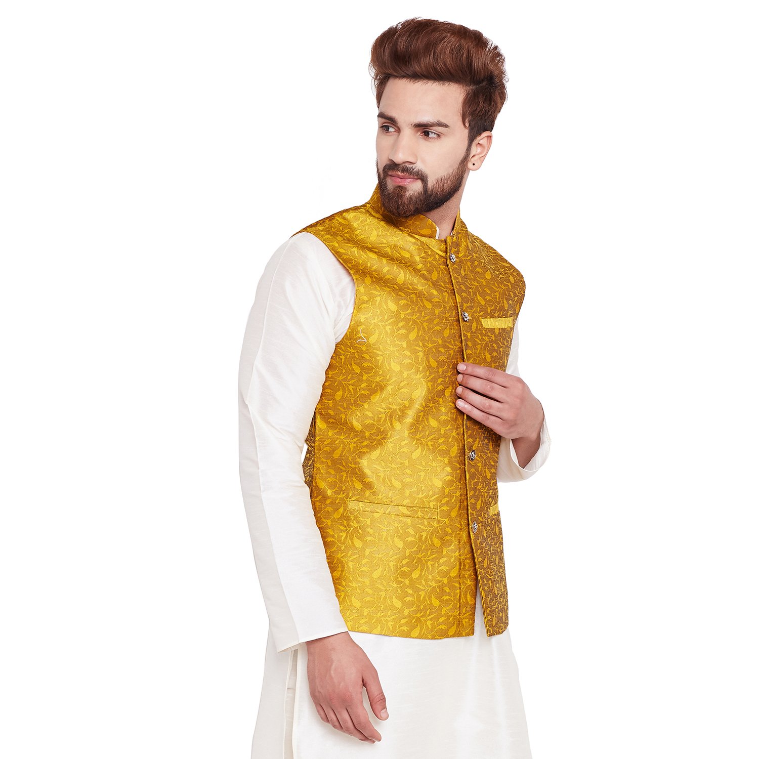 sojanya (since 1958) mens mustard jacquard silk designer only nehru jacket