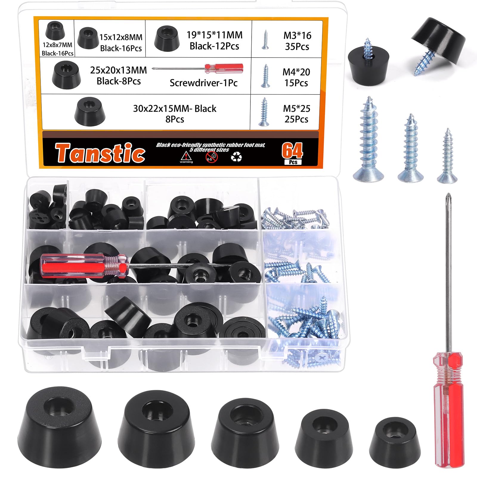 Tanstic 64Pcs Five Sizes Cutting Board Feet Non Slip Rubber Feet Black Rubber Feet Small Rubber Feet with Screws and Screwdriver for Appliances, Furniture