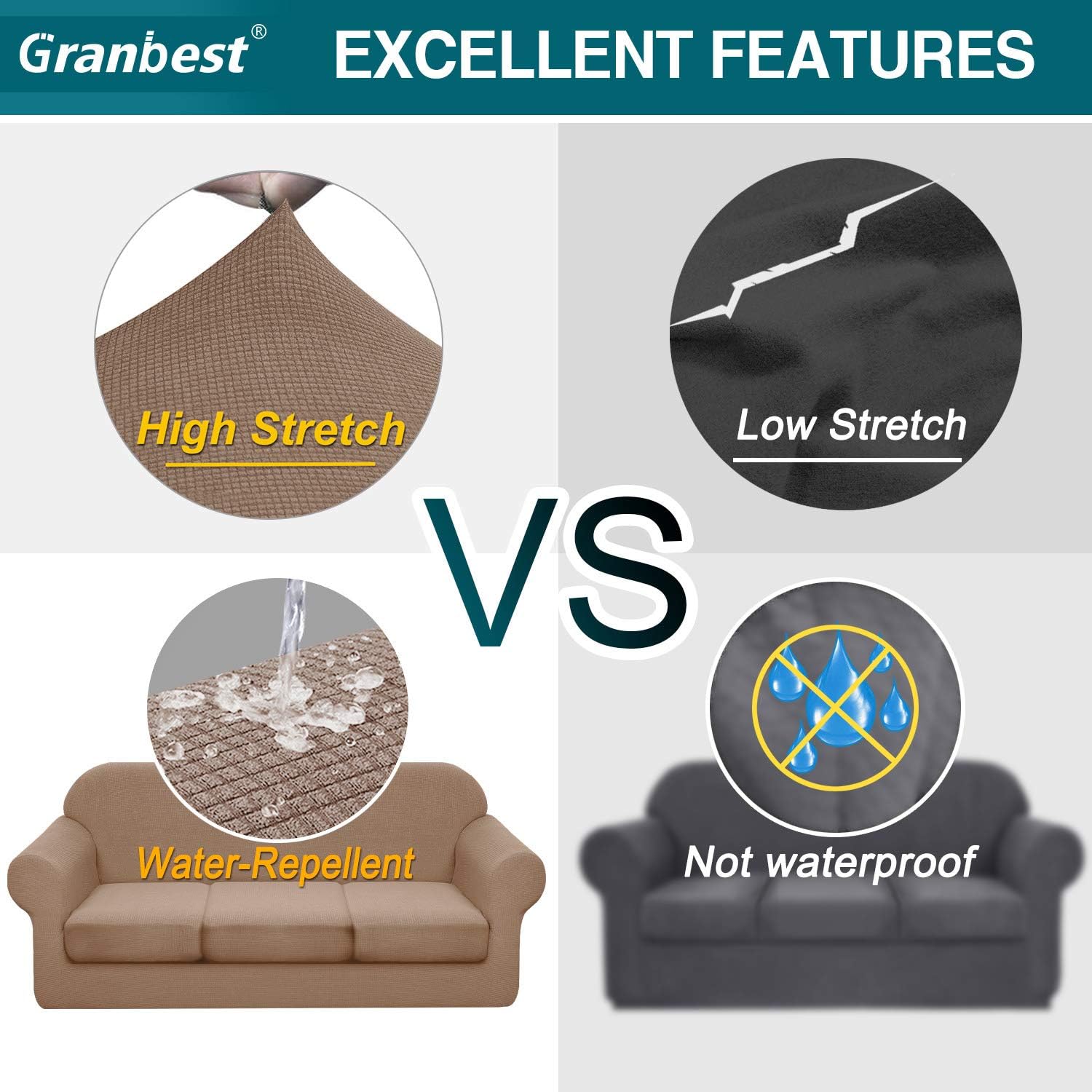 Granbest 4 Piece Premium Water-Repellent Sofa Slipcover for 3 Cushion Couch High Stretch Sofa Cover for 3 seat Sofa Super Soft Fabric Couch Cover for Dogs Pets Furniture Cover (Large, Khaki): Furniture & Decor