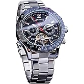 FORSINING Men Tourbillon Mechanical Self-Wind Watch, Day Date Month Full Calendar, Luminous Tachymeter Multifunctional Automatic Watches, Carved Big Dial Stainless Steel Band Wrist Watch
