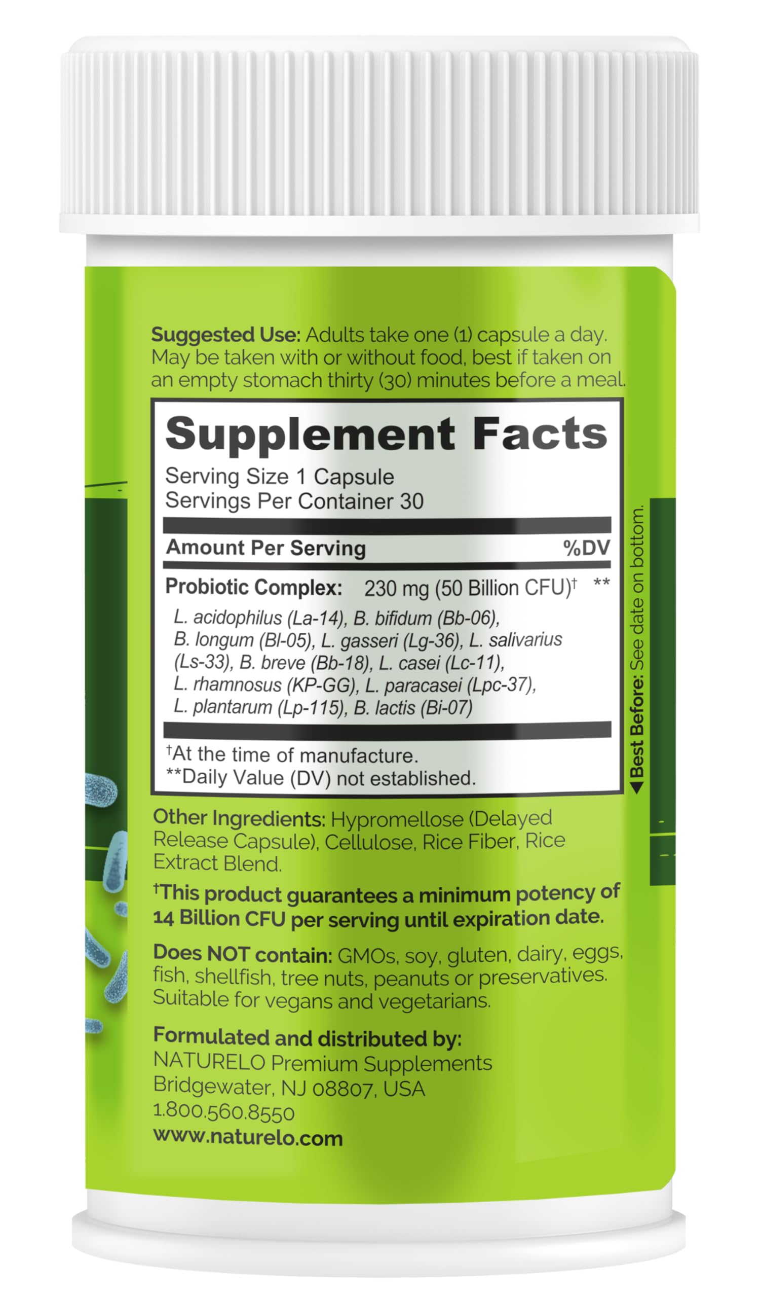 NATURELO Probiotics for Digestive Health - 50 Billion CFU, 11 Strains Daily Supplement - Boosts Immune System, Delayed Release, 30 Vegetarian Capsules