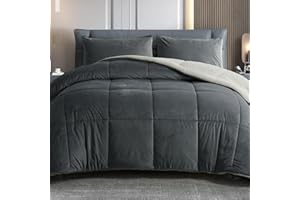BEDHOURS King Size Comforter Set Micromink Sherpa Comforter 3 Piece Ultra Soft Plush Down Alternative Bedding Set Reversible Comforter + 2 Pillow Shams Winter Warm (Charcoal King)