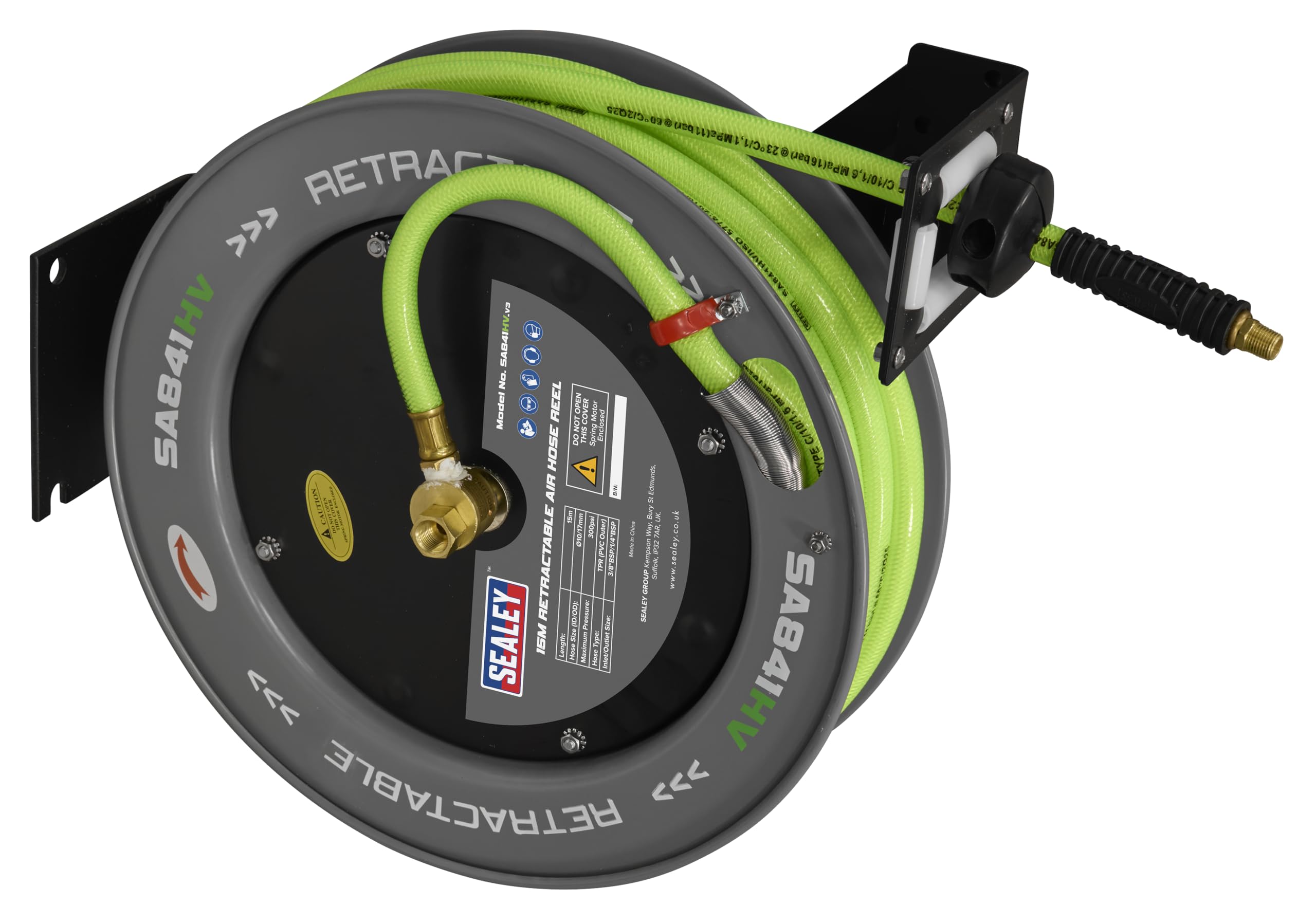 Sealey Sa841Hv Retractable Air Hose Metal Reel 15Mtr 10Mm Id Hi-Vis TPR Hose