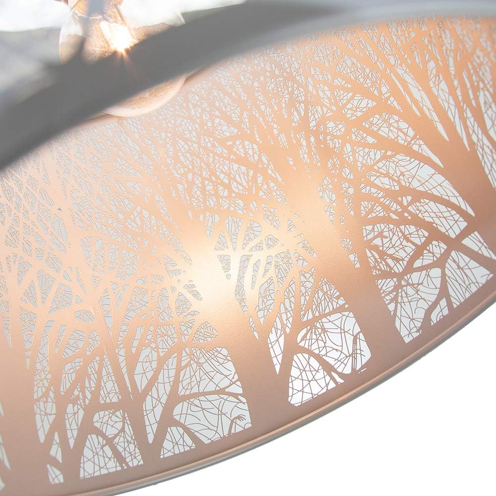 Unique and Beautiful Soft Grey Metal Forest Design Ceiling Pendant Shade When Lit The Light Escapes Through The Gaps and Casts The Forest Against The Walls and Ceiling by Happy Homewares - Image 5