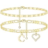 Wremily Initial Ankle Bracelets for Women Waterproof 14K Gold Plated Dainty Layered Figaro Chain Letter Initial CZ Heart Ankle Bracelets Set Summer Beach Jewelry for Women