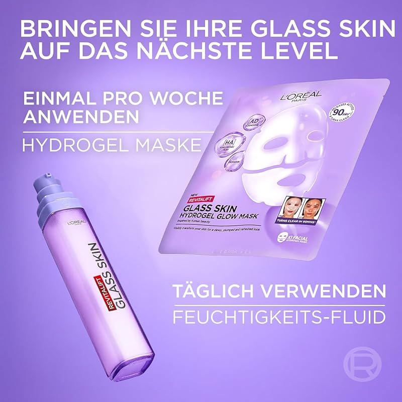 L'Oréal Paris Glass Skin Feuchtigkeits-Fluid, für aufgepolsterte & glowy Haut, mit Hyaluronsäure + 5% [Vitamin B3 + Pro B5 + C], Anti-Aging Gesichtsfluid, [Amazon Exclusive] Revitalift Filler, 70ml
