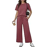PINSPARK Soft 2 Piece Sets for Women Short Sleeve Matching Lounge Set Wide Leg Pants Tracksuit Travel Summer Outfits 2026