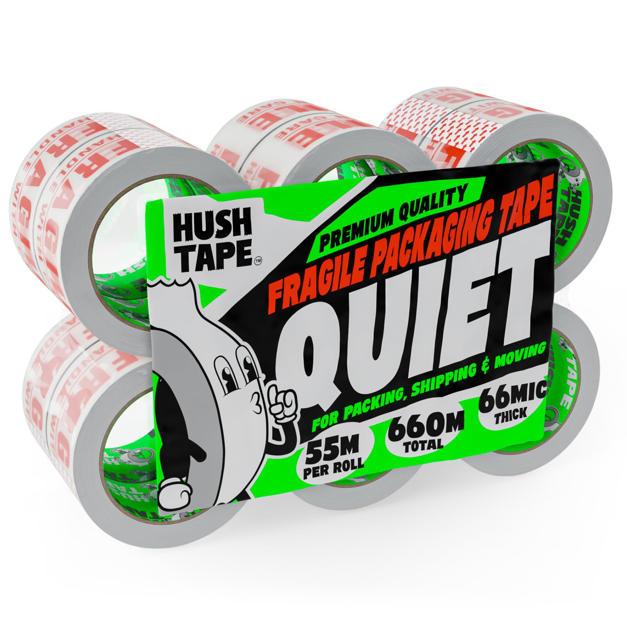 Hush Tape - Heavy Duty Low Noise Fragile Tape for Packing Boxes, Shipping, and Moving - Clear Parcel Packaging Tape, Extra Strong Fragile Packing Tape, 66 Micron, 48mm x 55m (12 Rolls)