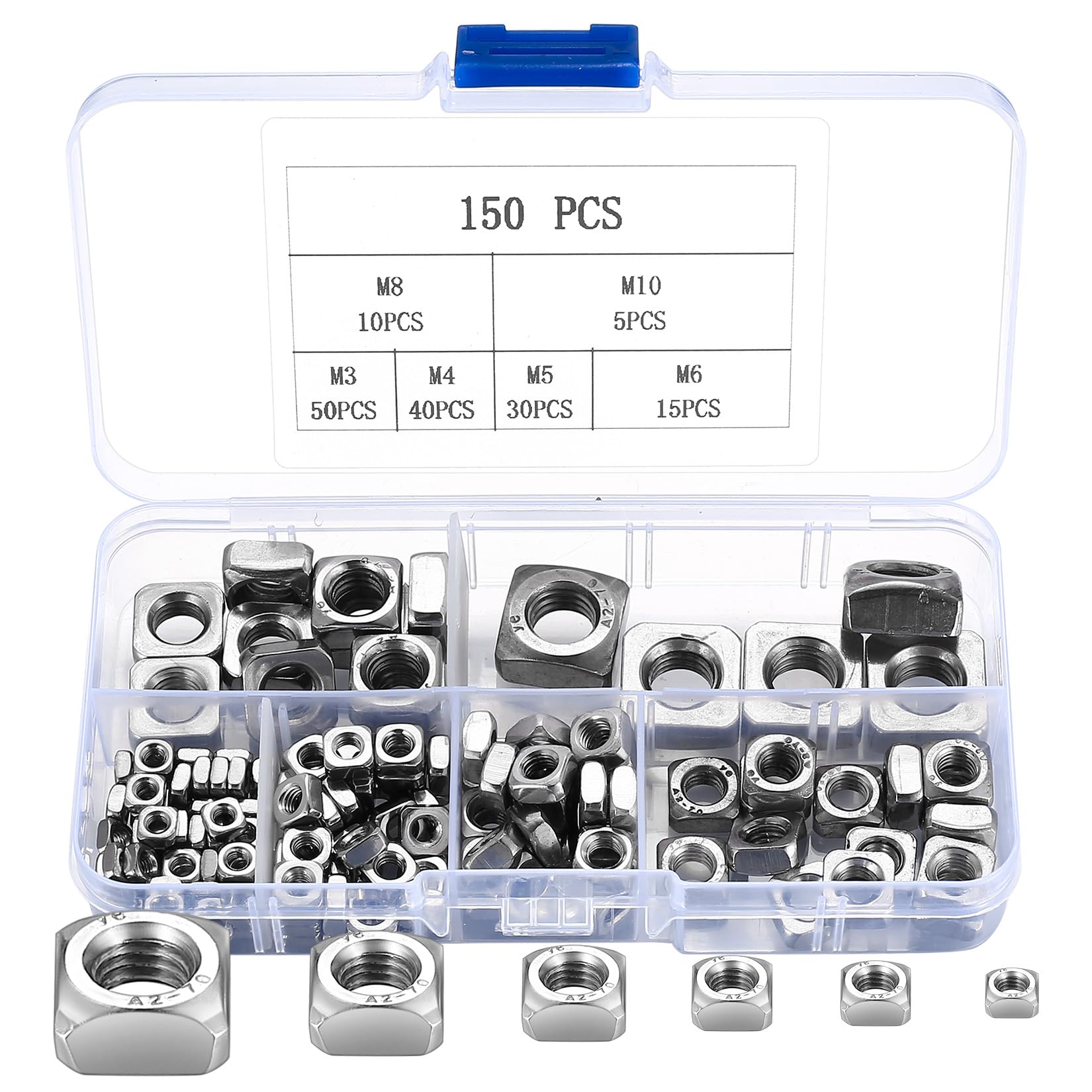 Square Nut, 150 Pieces Stainless Steel Square Nuts, Thread Nuts, M3 M4 M5 M6 M8 M10 Screw Nut Assortment Set for Wood Furniture (silver)