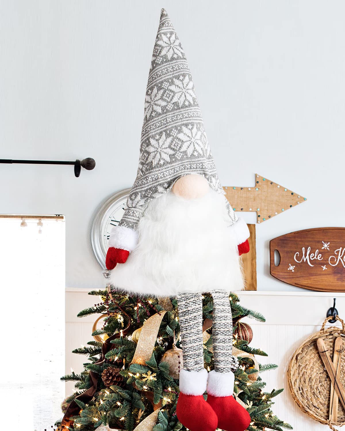 Lanpn Christmas Tree Topper Large Tomte Gnome Santa Ornaments 23 Inch, Plush Gnome with High Hat and Legs for Xmas Tree Home Fireplace Table Ornaments Decorations (Grey)
