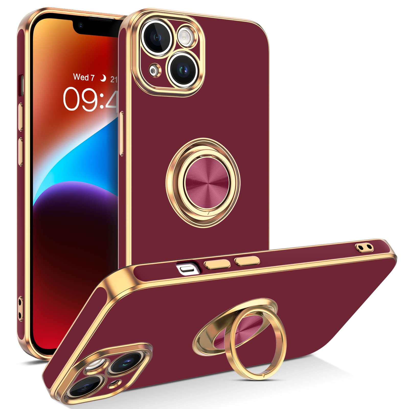 VENINGO Compatible with 14 Case,Phone Cases 14,Slim Fit Soft 360° Ring Holder Kickstand Magnetic Car Mount Supported Easy Clean Shockproof Protective Cover 14 6.1" 2022, Wine Red