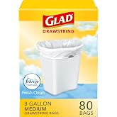 Glad Medium Drawstring Trash Bags, Rip and Tear Resistant, Fresh Clean Scented Garbage Bags, Odor Control, Febreze Freshness, 8 Gallon Trash Bags, 80 Count