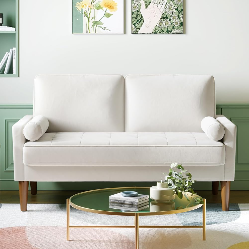 Vesgantti Small 2 Seater Sofa Beige Velvet with Wood Legs