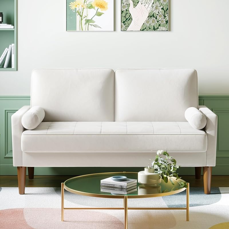 Vesgantti Small 2 Seater Sofa Beige Velvet with Wood Legs