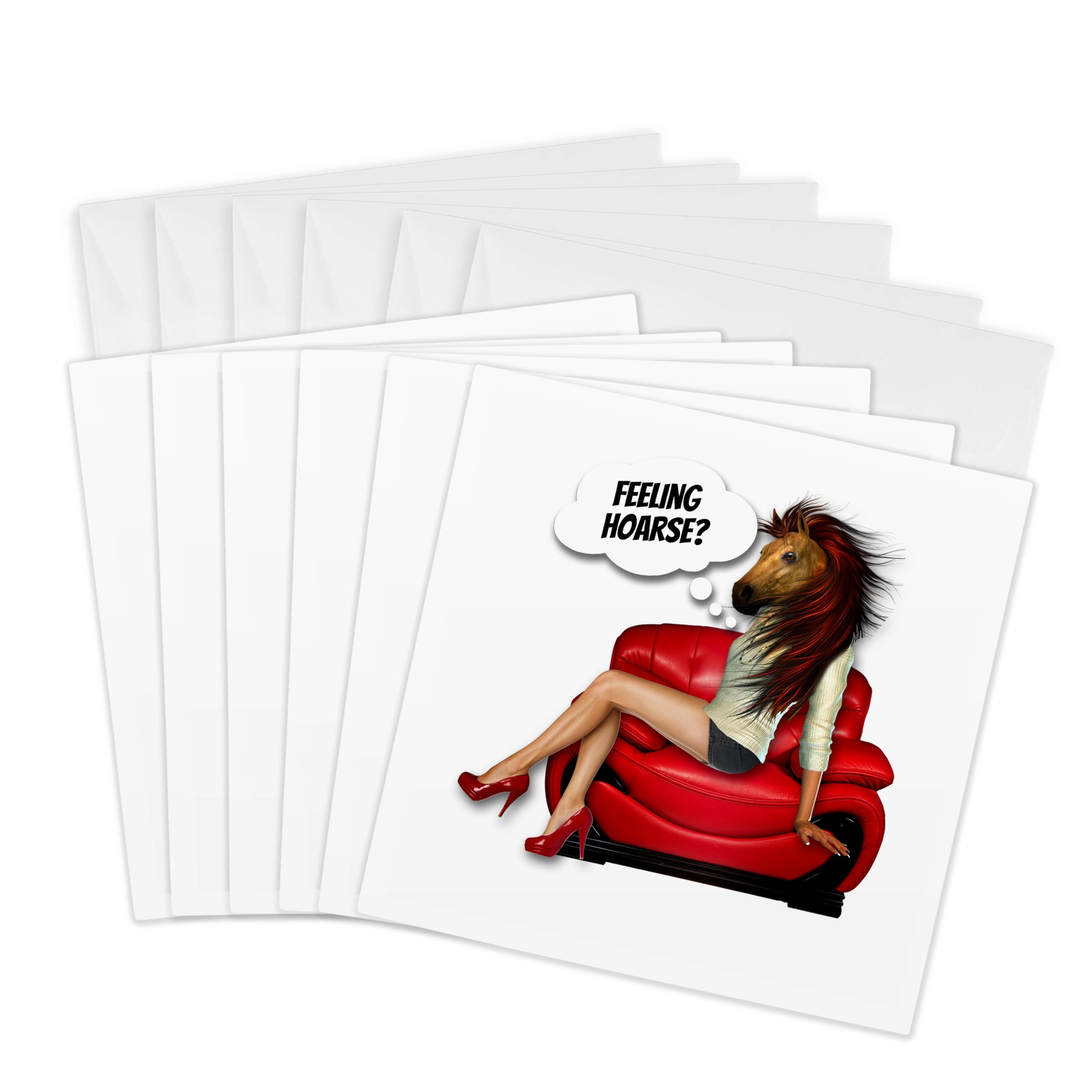 3dRose gc_244700_1 6 x 6-Inch "Funny Feeling Hoarse Play on Words Get Well Woman with Horse Head" Greeting Card (Pack of 6)