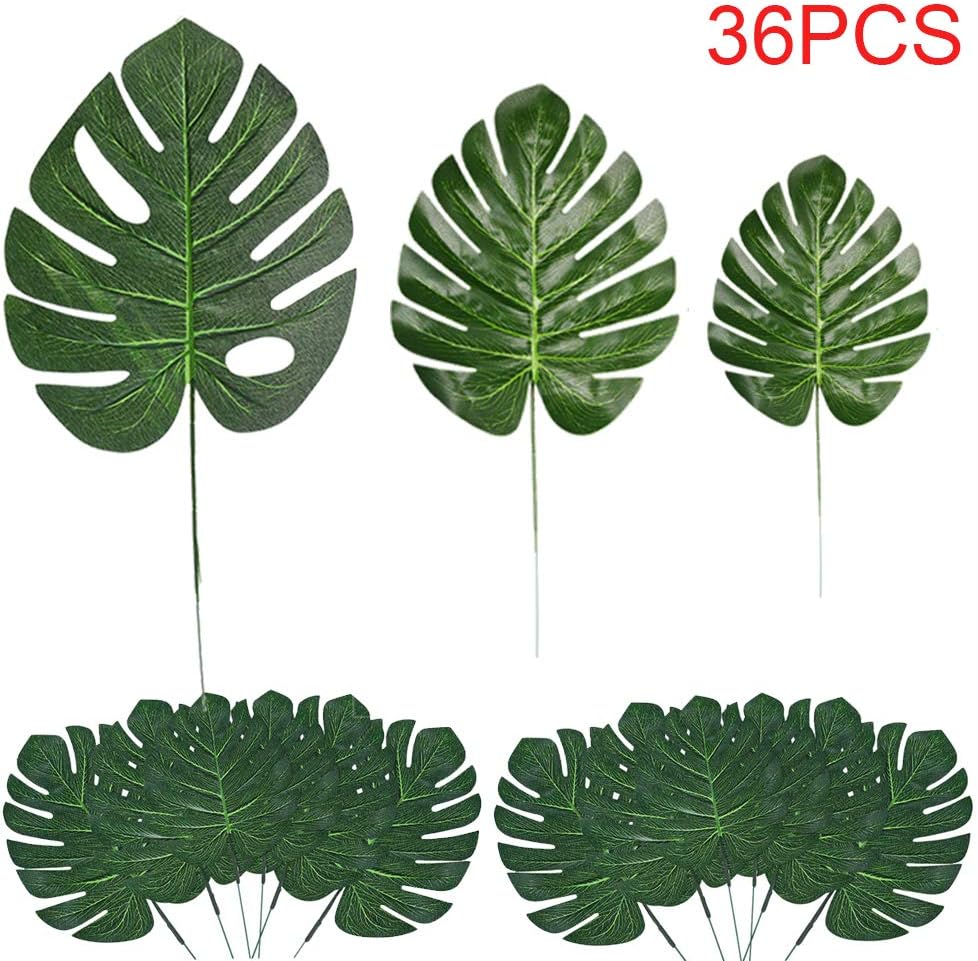 LOMIRO 36Pcs 3Kinds Artificial Palm Leaves with Stems Tropical Plant Faux Monstera Safari Leaves Hawaiian Luau Party Suppliers,Tiki Aloha Jungle Beach Birthday Table Leave Decorations