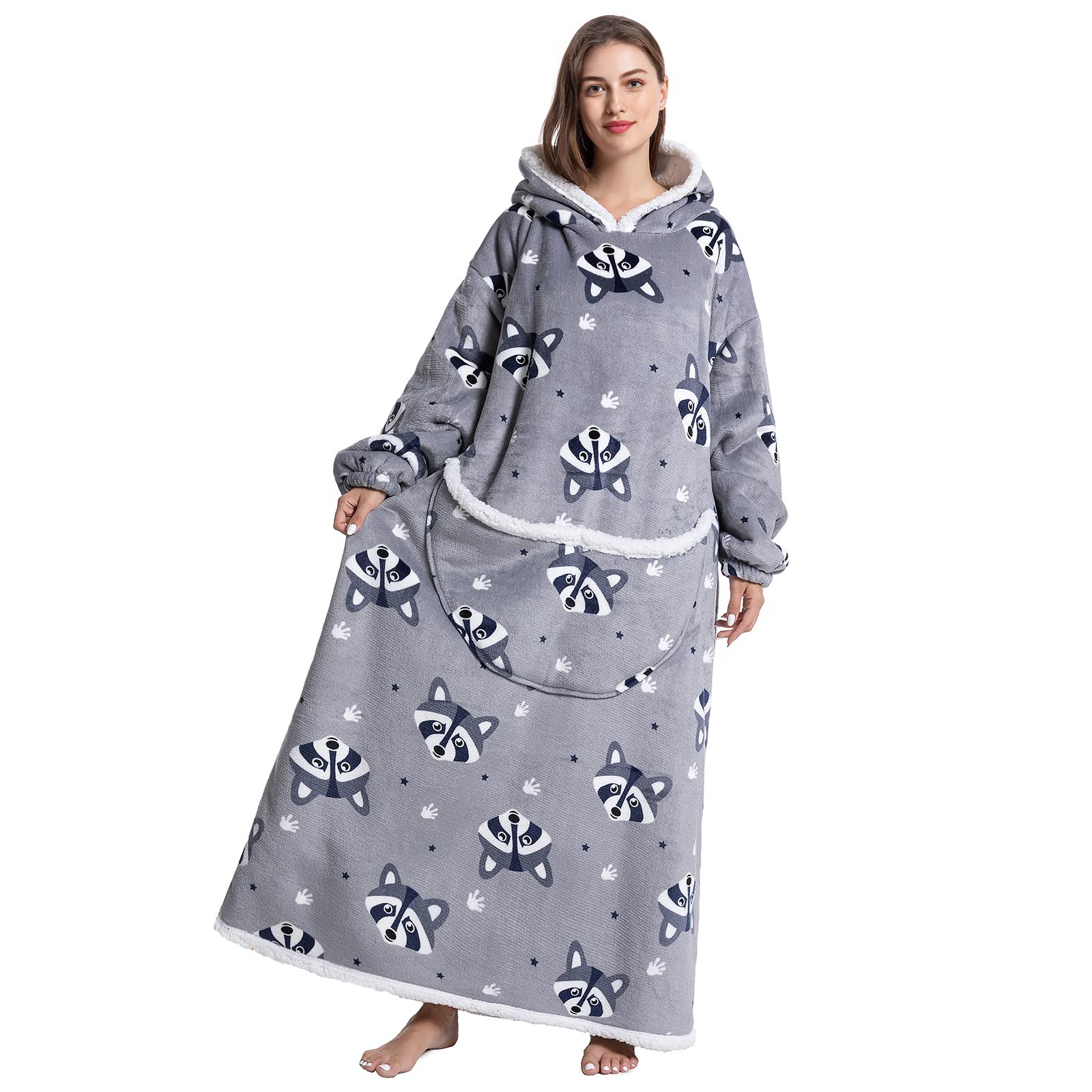 Extra Long Blanket Hoodie, Women Men Sherpa Fleece Snuggle Wearable Blanket, Fluffy Giant Hooded Sweatshirt for Adult Teen