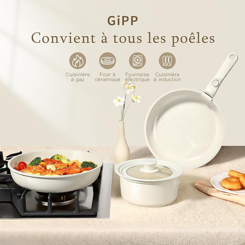 15 PCS Batterie Cuisine en CéRamique AntiadhéSive et Poignee Amovible
