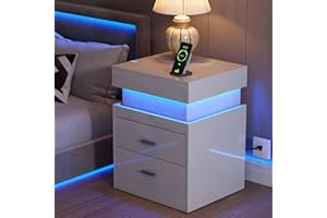 ChooChoo LED Nightstand with Charging Station, Smart Night Stand with Sliding Top Storage, 2-Drawers High Gloss Bedside Table