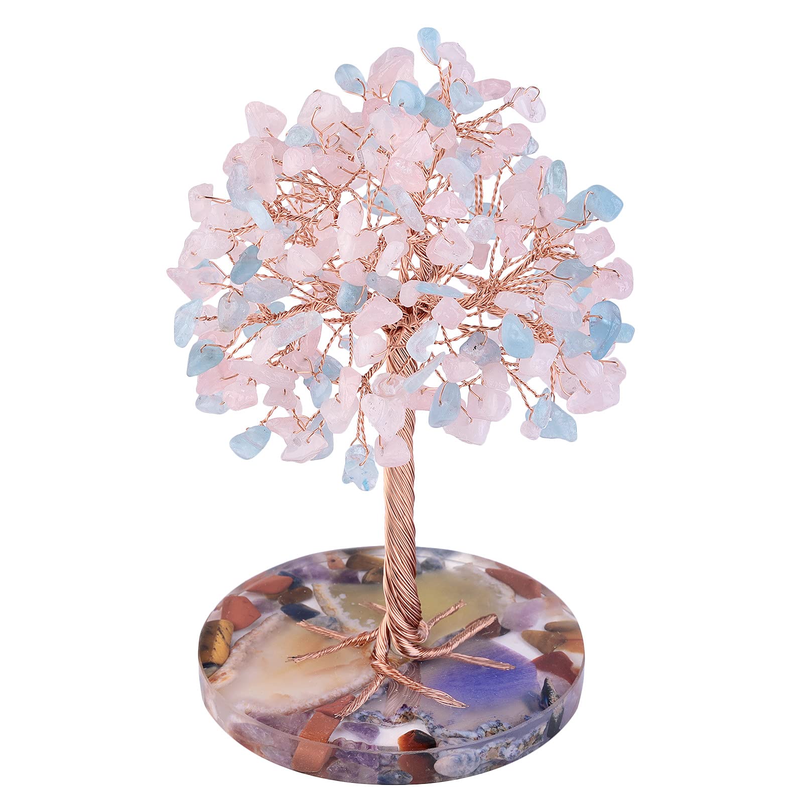 mookaitedecor Aquamarine Rose Quartz Crystal Tree of Life Healing Crystal Money Tree with Resin Agate Slice Stand, Blue Pink Crystal Bonsai Tree Good Luck Feng Shui Ornament for Home Purple Room Decor