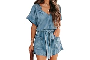 HGps8w Women's V Neck Denim Rompers, Boho Loose Smocked Short Sleeve Belted Waist One Piece Jean Shorts Jumpsuit with Pockets