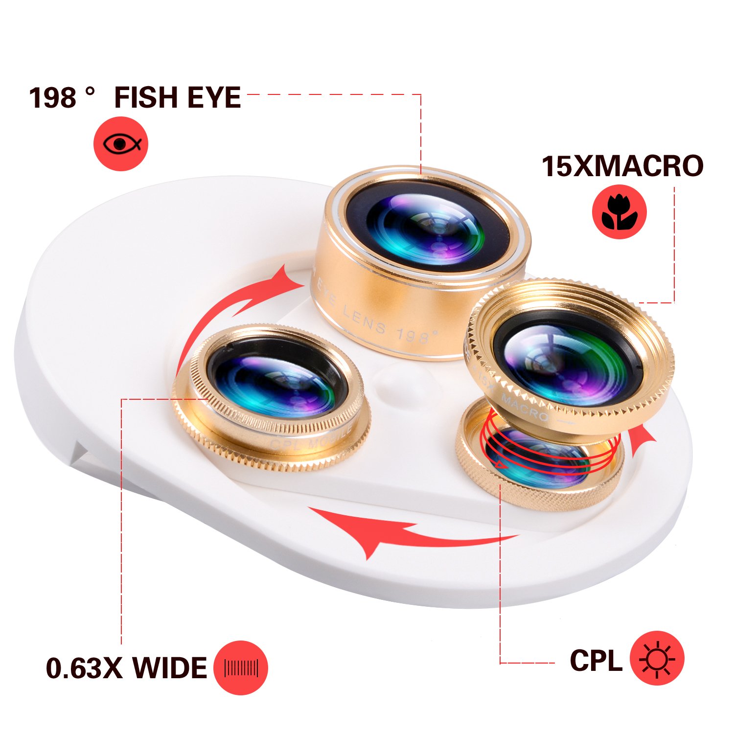 Cell Phone Camera Lens, YELIN 4 in 1 Phone Camera Lens, 198°Fisheye Lens 15X Macro Lens 0.63X Wide Angle Lens CPL Lens Universal Clip-on Camera Lens Kit for iPhone Samsung etc. (Gold & White)