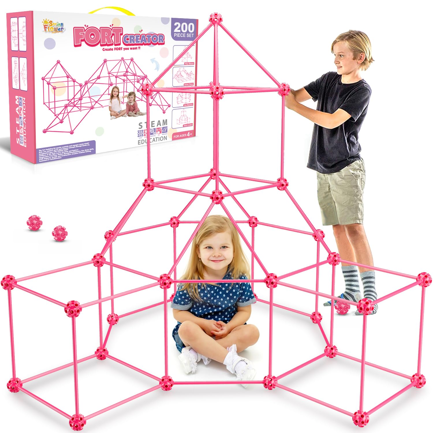 Photo 1 of SpringFlower Fort Building Kit for Kids,STEM Construction Toys, Educational Gift for 4 5 6 7 8 9 10 11 12 Years Old Boys and Girls,Ultimate Creative Set for Indoor & Outdoors Activity,200 Pcs,Pink