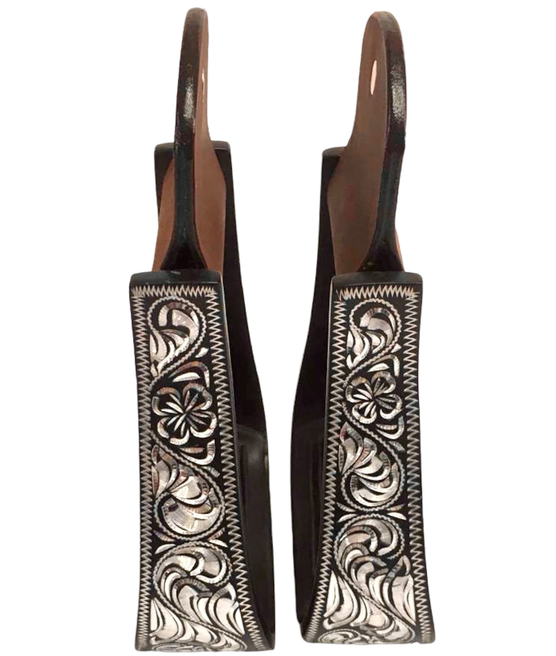 Majestic Ally Western Horse Aluminum Black Engraved Stirrups- Adults (Silver-Black)