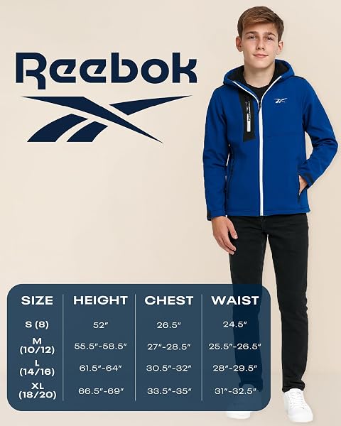REEBOK BOYS WINDBREAKER JACKET – LIGHTWEIGHT POLAR FLEECE LINED WATER AND WIND RESISTANT HOODED ZIP UP JACKET FOR BOYS, SIZE 14-16, BATIK BLUE