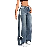 MakeMeChic Women's Straight Wide Leg Denim Pants Striped Bow Rise Jeans with Pocket Y2K Streetwear