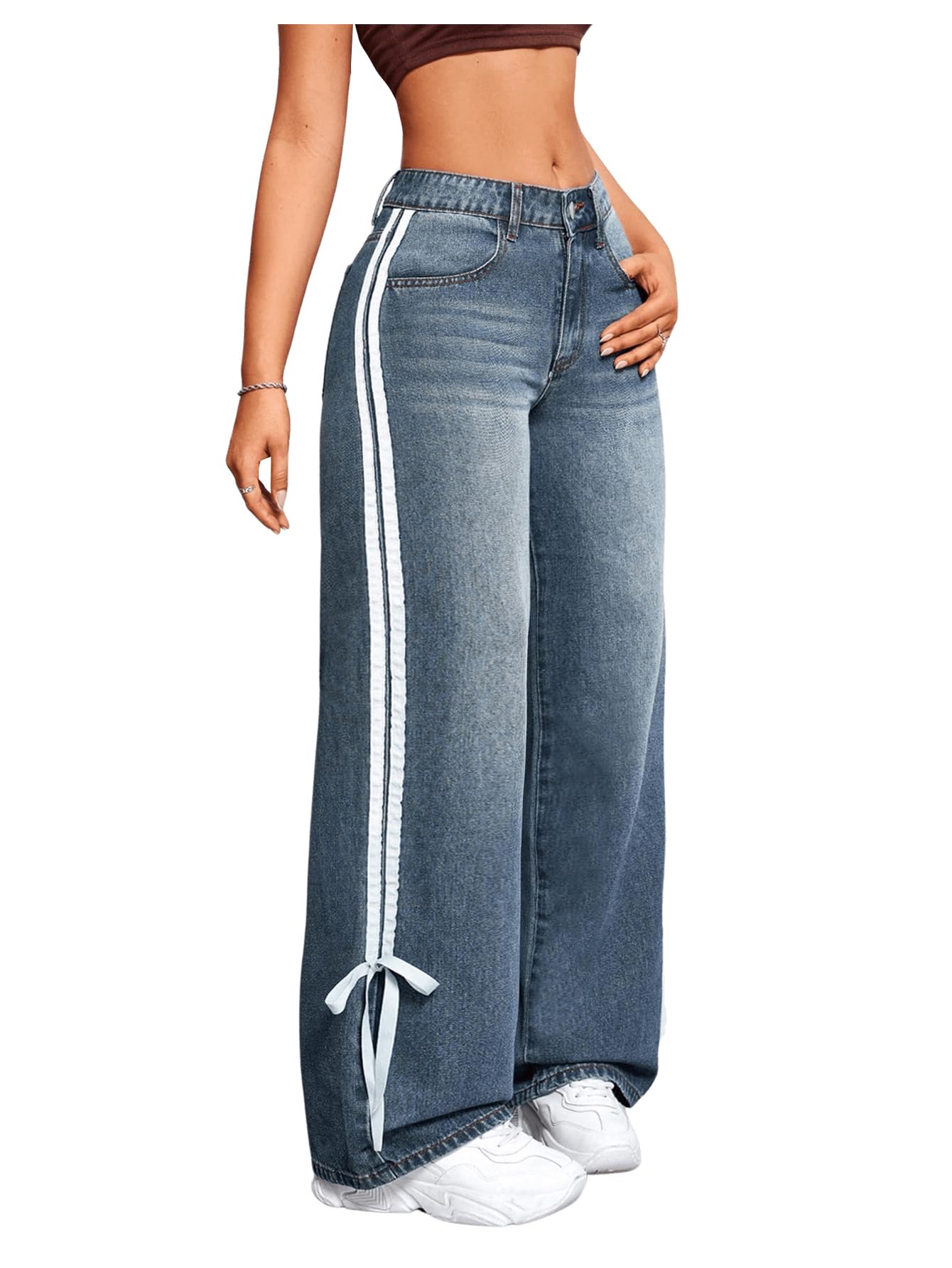 Photo 1 of MakeMeChic Women's Straight Wide Leg Denim Pants Striped Bow Rise Jeans with Pocket Y2K Streetwear Petite Blue XS