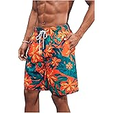 OYOANGLE Men's Swim Trunks Floral Print Drawstring Waist Summer Swimwear Beach Shorts Bathing Suit