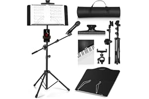 Music Stand, Vangoa Folding Sheet Music Stand with Detachable Microphone Stand & Phone Holder, Portable Lightweight with Music Sheet Clip Holder & Carrying Bag for Instrumental Performance