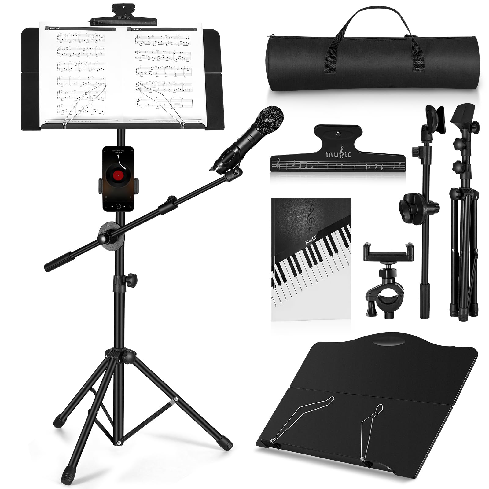 Photo 1 of Music Stand, Vangoa Folding Sheet Music Stand with Detachable Microphone Stand & Phone Holder, Portable Lightweight with Music Sheet Clip Holder & Carrying Bag for Instrumental Performance