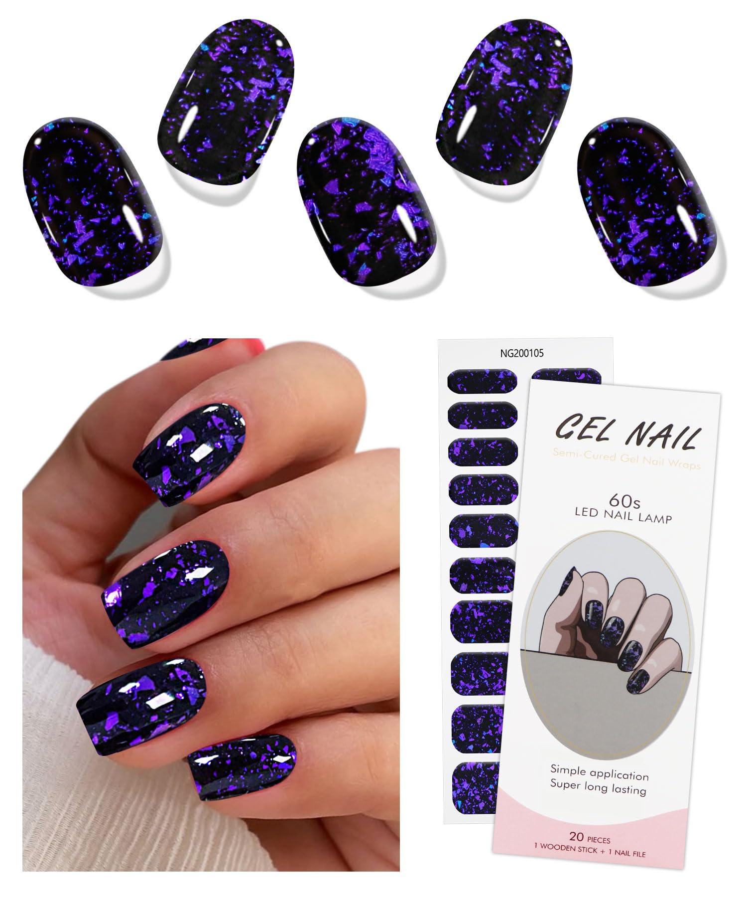 JMEOWIO Gel Nail Stickers Dark Purple Semi Cured Gel Nail Strips Wraps UV/LED Nails Art Design Decoration Accessories