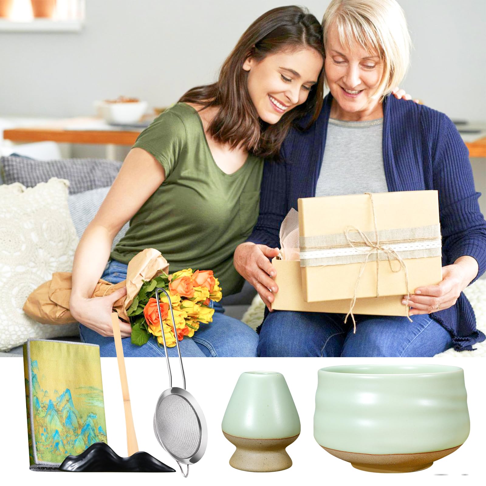 Matcha Set, Matcha Tee Set, 7er-Pack, erhältlich mit Matcha Schale, Schneebesen, Besenhalter, Teelöffel, Teelöffelhalter, MatchaSieb, Geschirrtuch, Geschenkbox für Teezeremonie, handgefertigtes Matcha 6