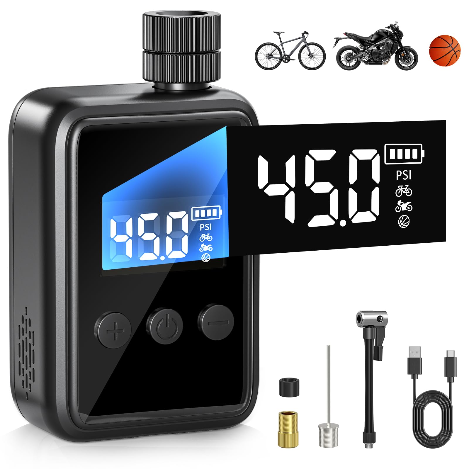 Mini Electric Bike Pump, Couleeur Ultra-Small 150 PSI Bike Pump Portable with Digital LCD Pressure Gauge, 500mAh Type-C Fast Charging Bike Air Pump Compatible with Schrader and Presta Valves