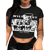 Hilinker Womens Short Sleeve Graphic Crop Tops Vintage Tees Summer Cute T Shirts