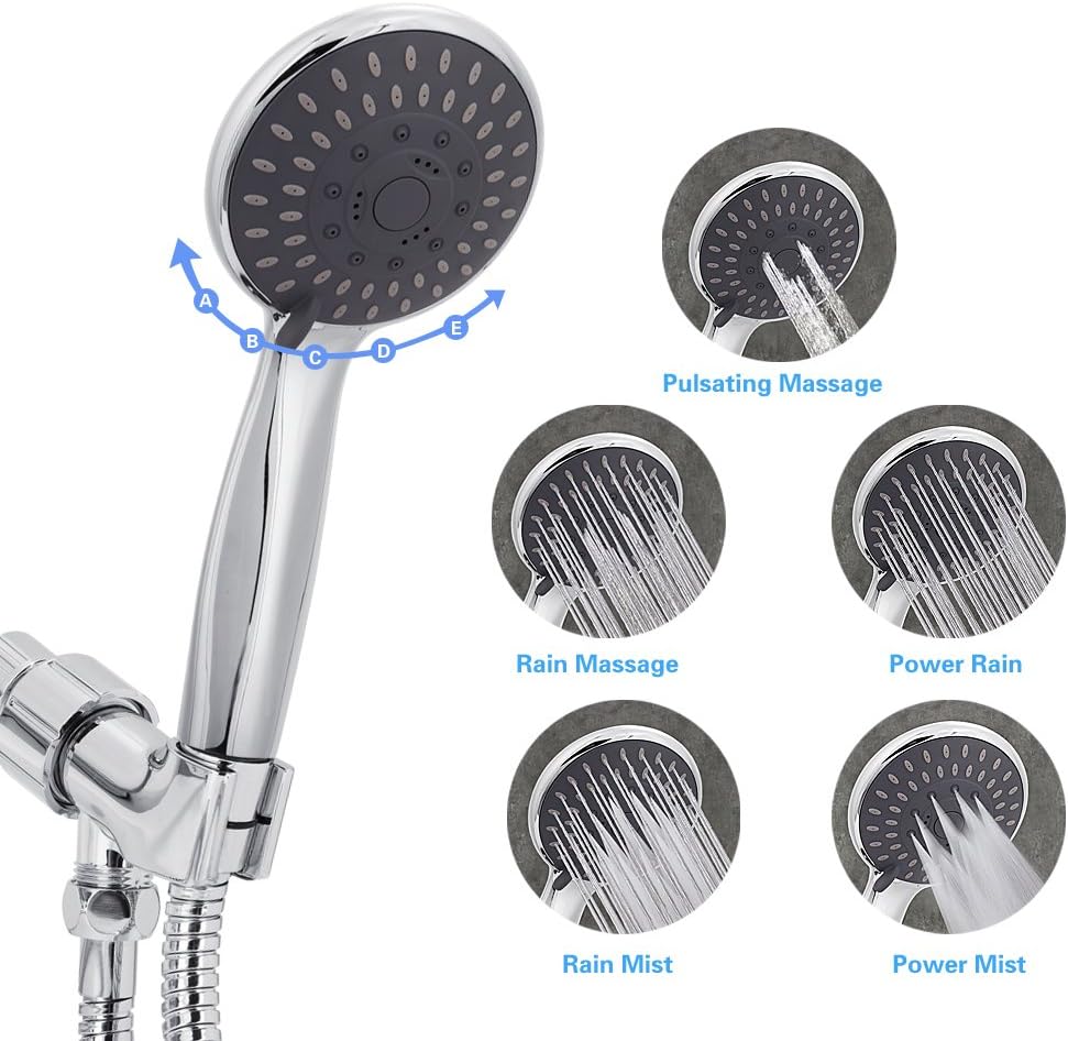 Handheld Shower Head High Pressure 5 Spray Settings Massage Spa Detachable Hand Held Showerhead Chrome Face with Hose and Adjustable Bracket - - 