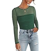 Zeagoo Long Sleeve Shirts for Women Sheer Mesh Sexy Blouses Fall Fashion Crewneck Going Out Tops