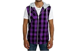 Men's Sleeveless Hoodie Shirt Plaid Button Down Pockets Casual Vest Top with Hood Lightweight Spring Summer Shirts
