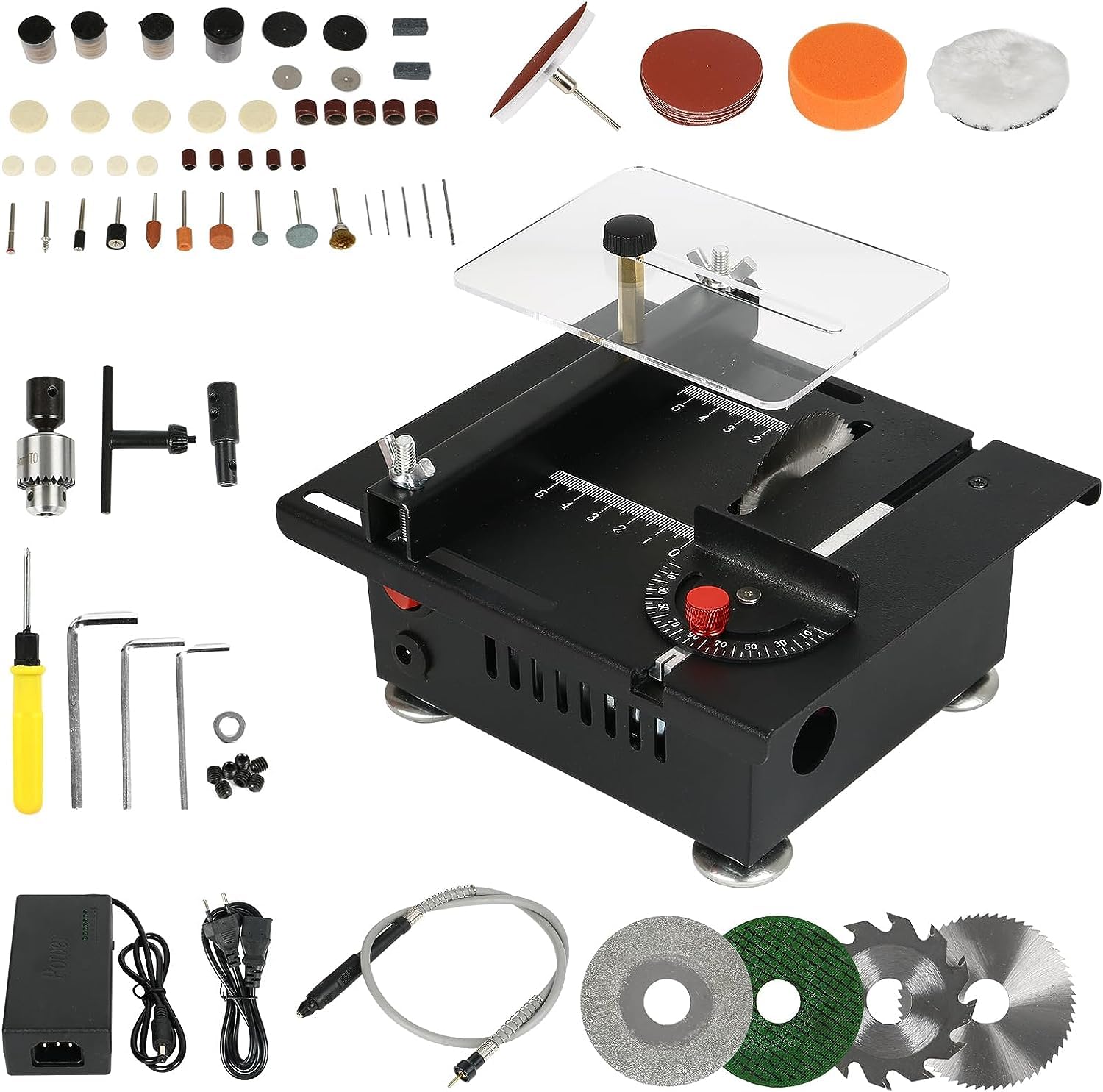 Mini Table Saw, Multi-Functional Table Saw 100W Electric Desktop Woodworking Small Bench Saws for Handmade DIY Model Crafts PCB Cutting Machine, Adjustable Speed & Angle with Blade Flexible Shaft